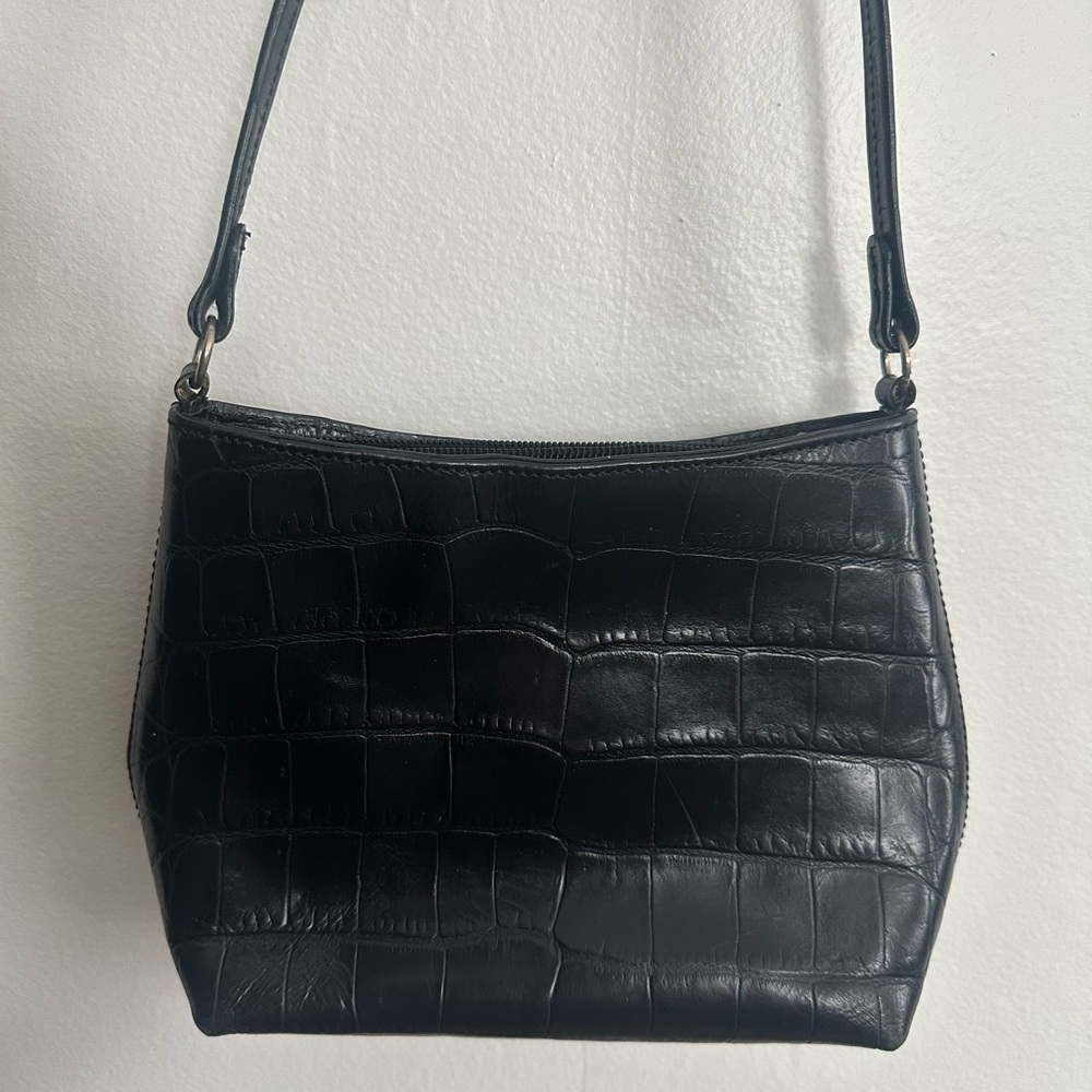 Talbots Genuine Leather Black Croc-Embossed Shoulder Bag